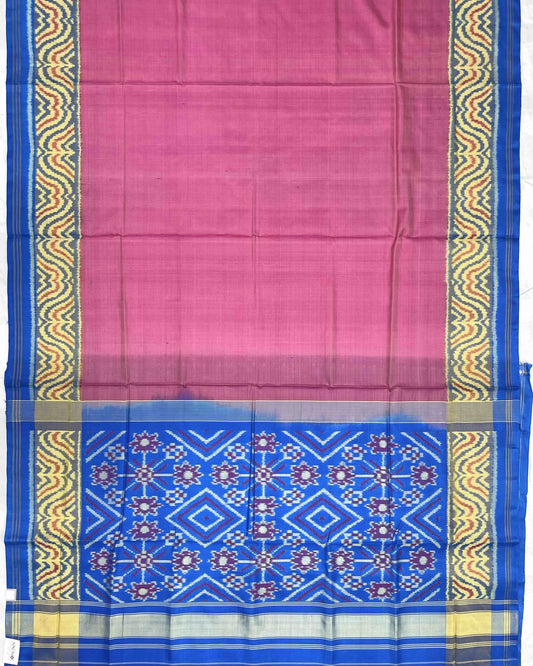 Sky Blue & Light Pink Plain Patola Saree - SindhoiPatolaArt