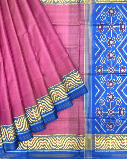 Sky Blue & Light Pink Plain Patola Saree - SindhoiPatolaArt