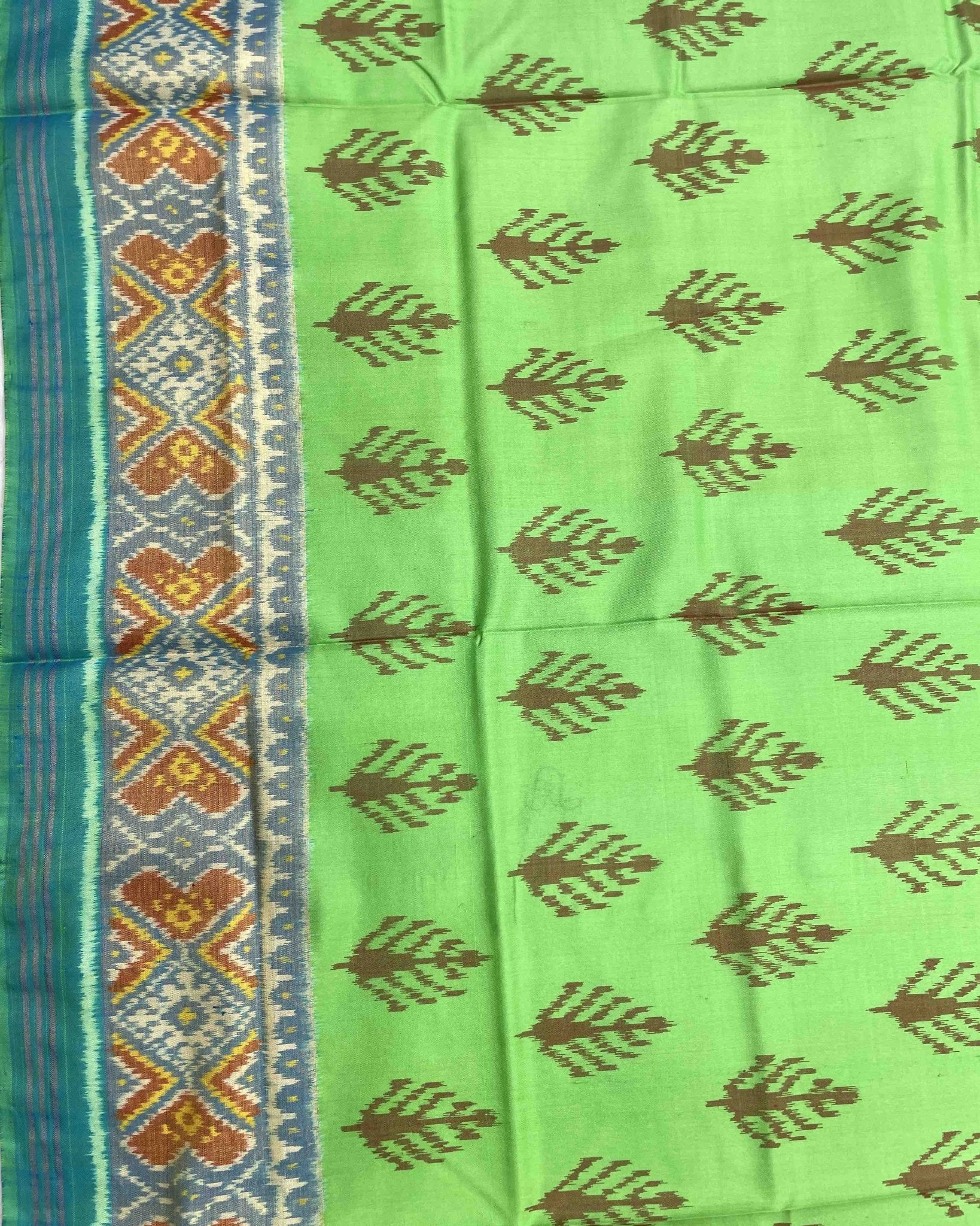 Sky Blue & Parrot Green Fancy Leaves Patola Saree - SindhoiPatolaArt