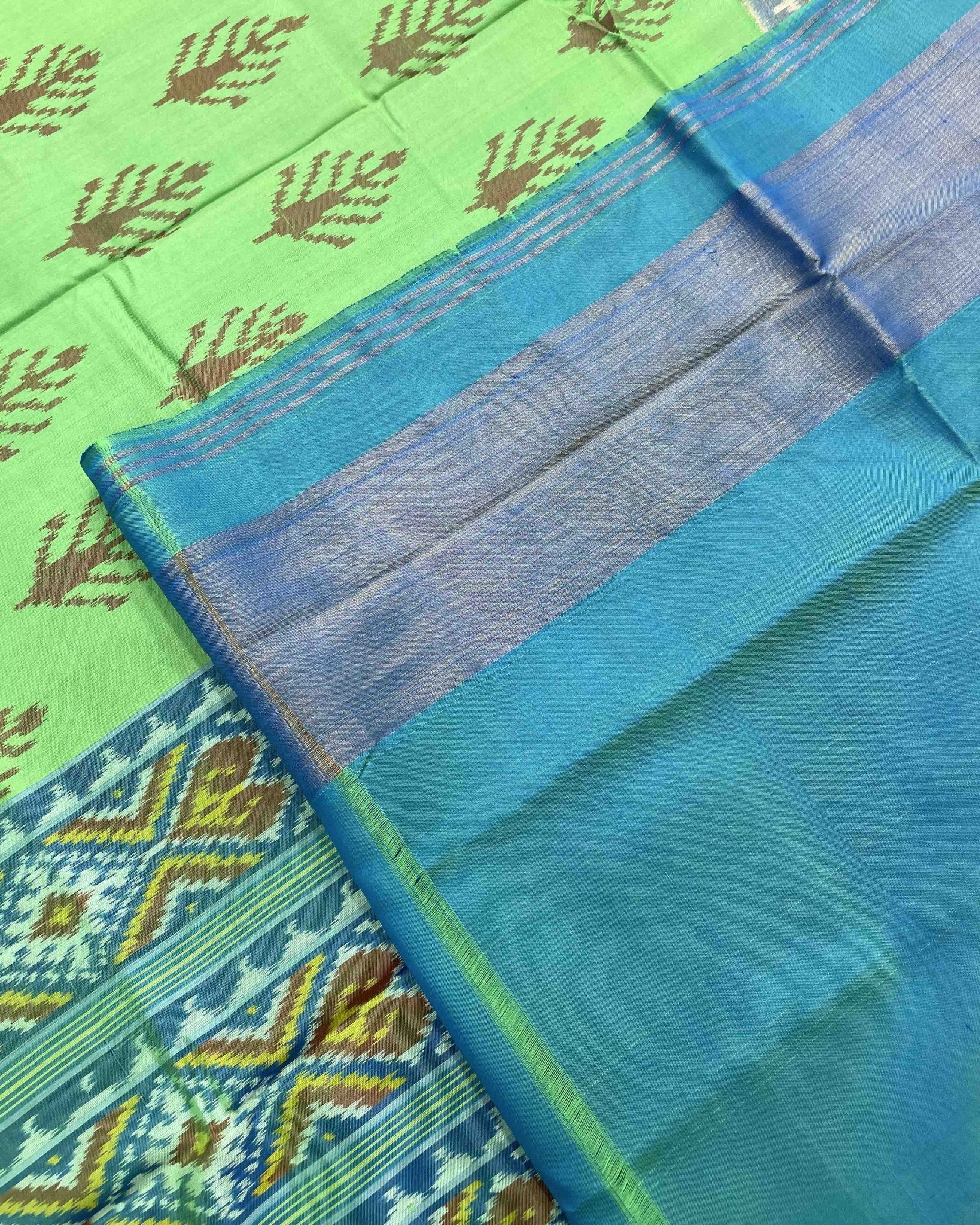 Sky Blue & Parrot Green Fancy Leaves Patola Saree - SindhoiPatolaArt