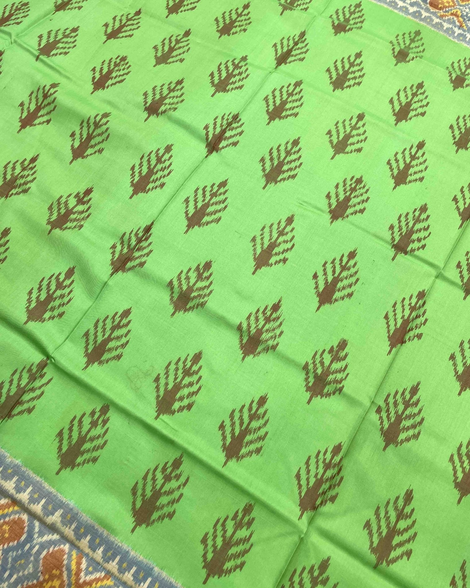 Sky Blue & Parrot Green Fancy Leaves Patola Saree - SindhoiPatolaArt