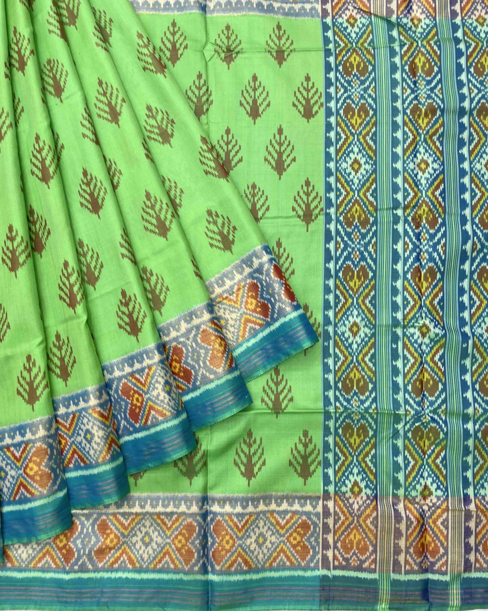 Sky Blue & Parrot Green Fancy Leaves Patola Saree - SindhoiPatolaArt