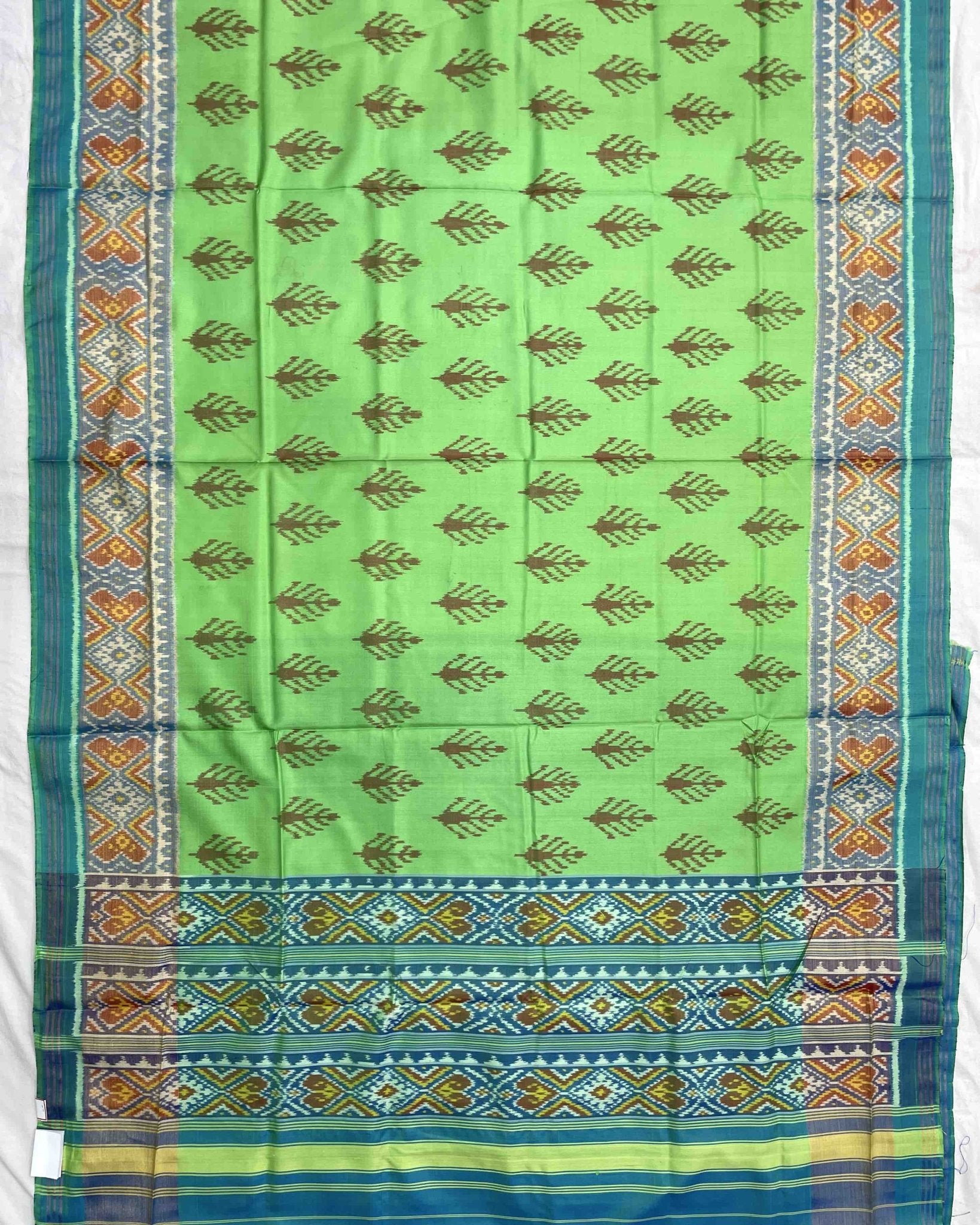 Sky Blue & Parrot Green Fancy Leaves Patola Saree - SindhoiPatolaArt
