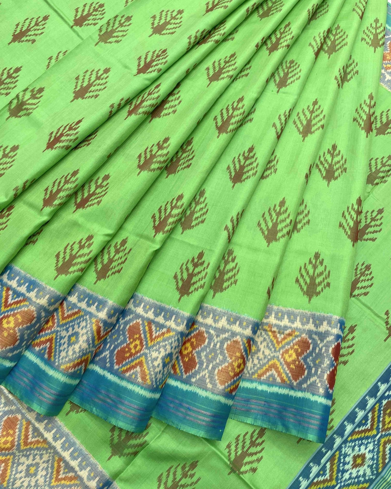 Sky Blue & Parrot Green Fancy Leaves Patola Saree - SindhoiPatolaArt