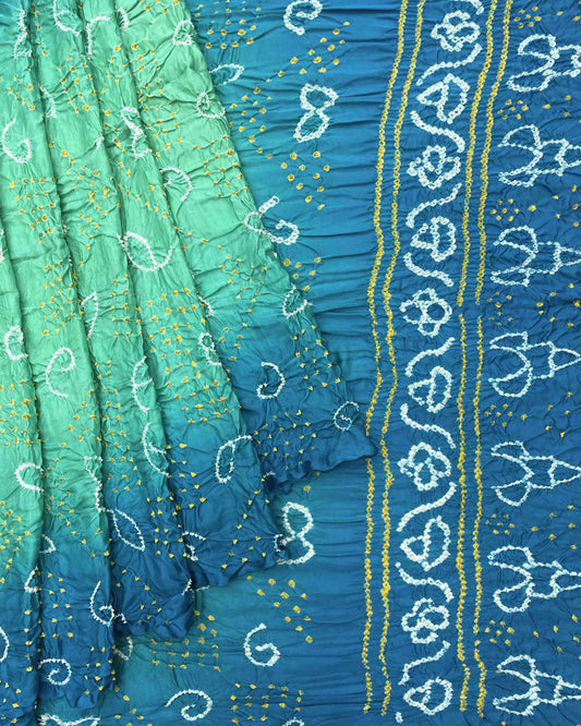 Sky Blue & Sea Green Shaded Gajji Silk Bandhani Saree - SindhoiPatolaArt