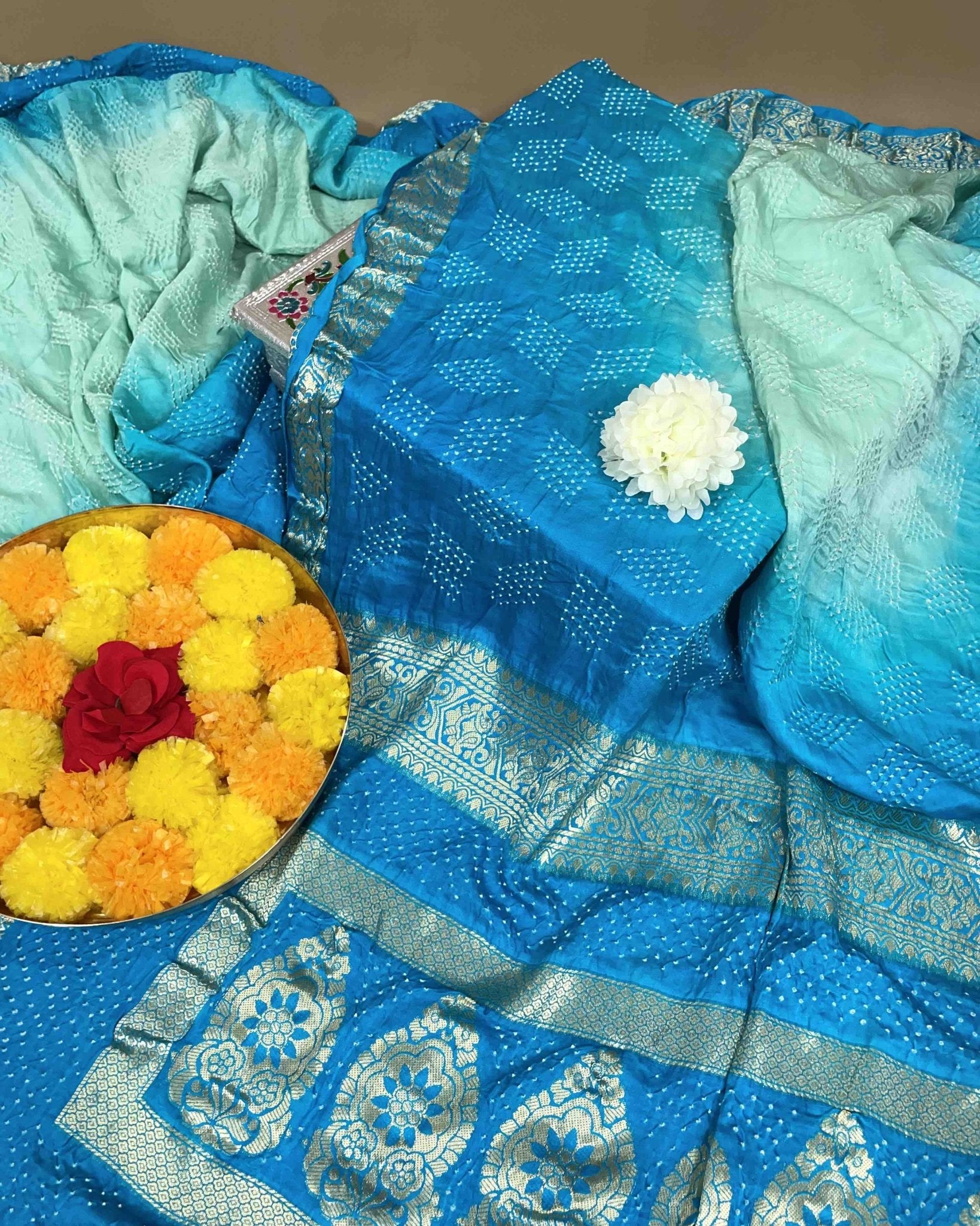 Sky Blue Shaded Gajji Silk Bandhani Saree - SindhoiPatolaArt