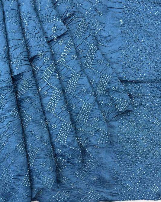 Sky Blue Tussar Silk Bandhani Saree - SindhoiPatolaArt