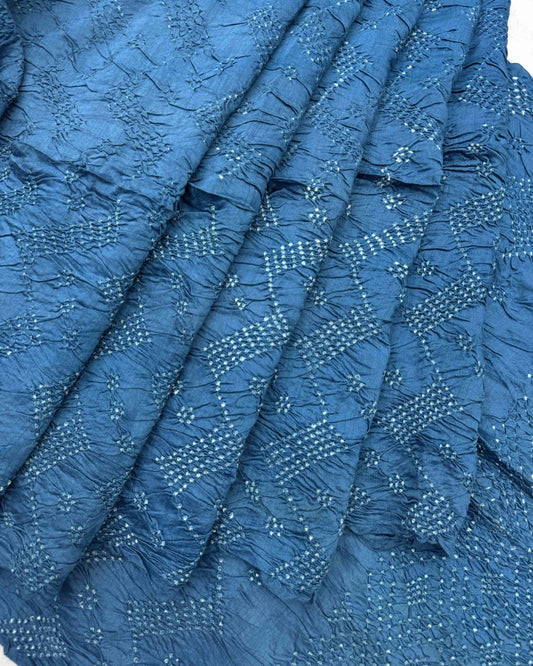 Sky Blue Tussar Silk Bandhani Saree - SindhoiPatolaArt