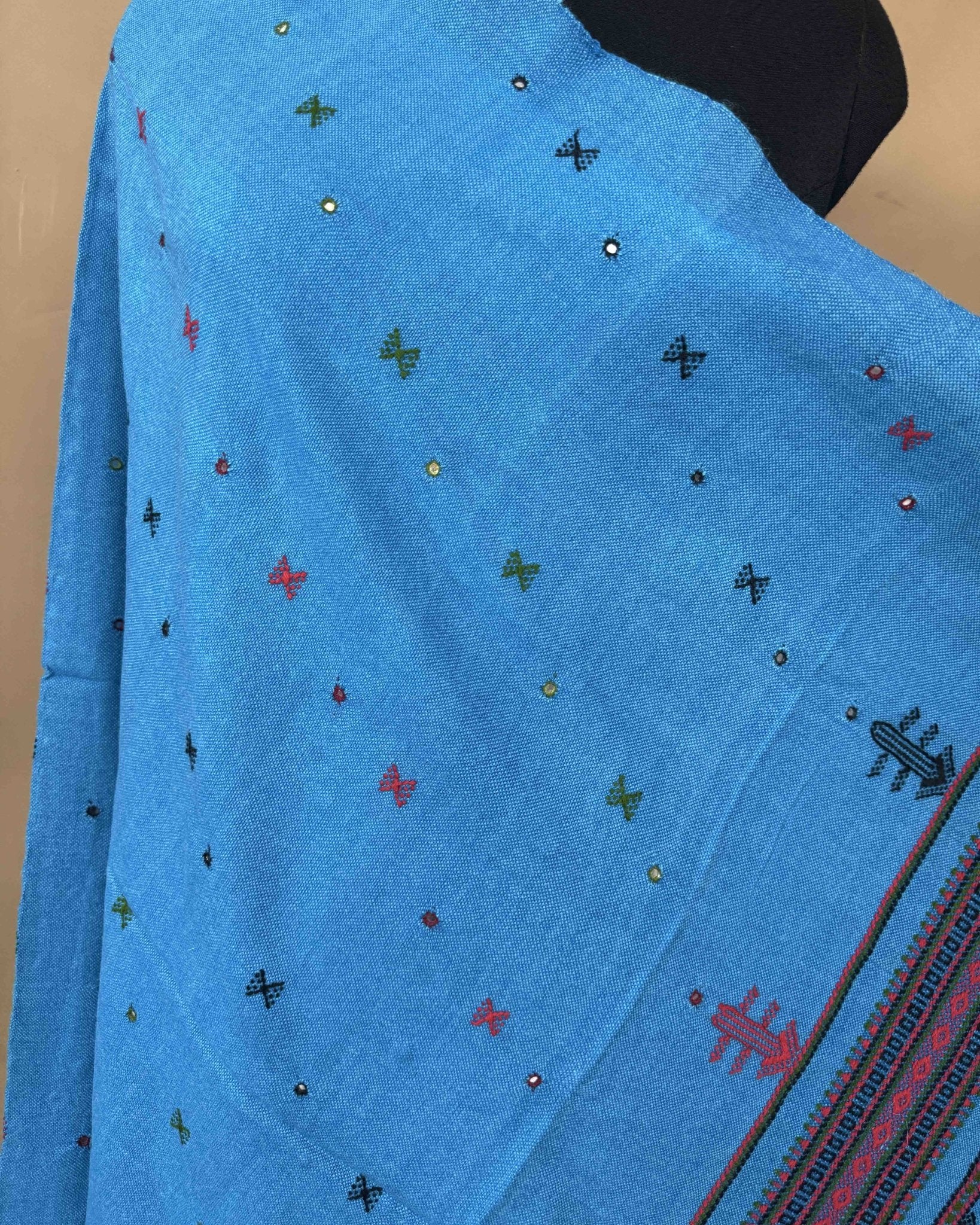 Sky Blue Zad Butti Mirror Kutchi Woolen Shawl - SindhoiPatolaArt