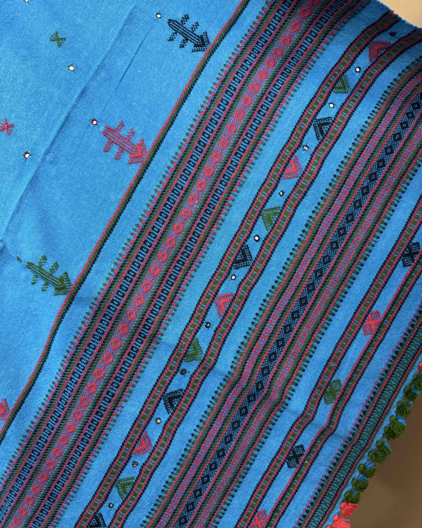 Sky Blue Zad Butti Mirror Kutchi Woolen Shawl - SindhoiPatolaArt