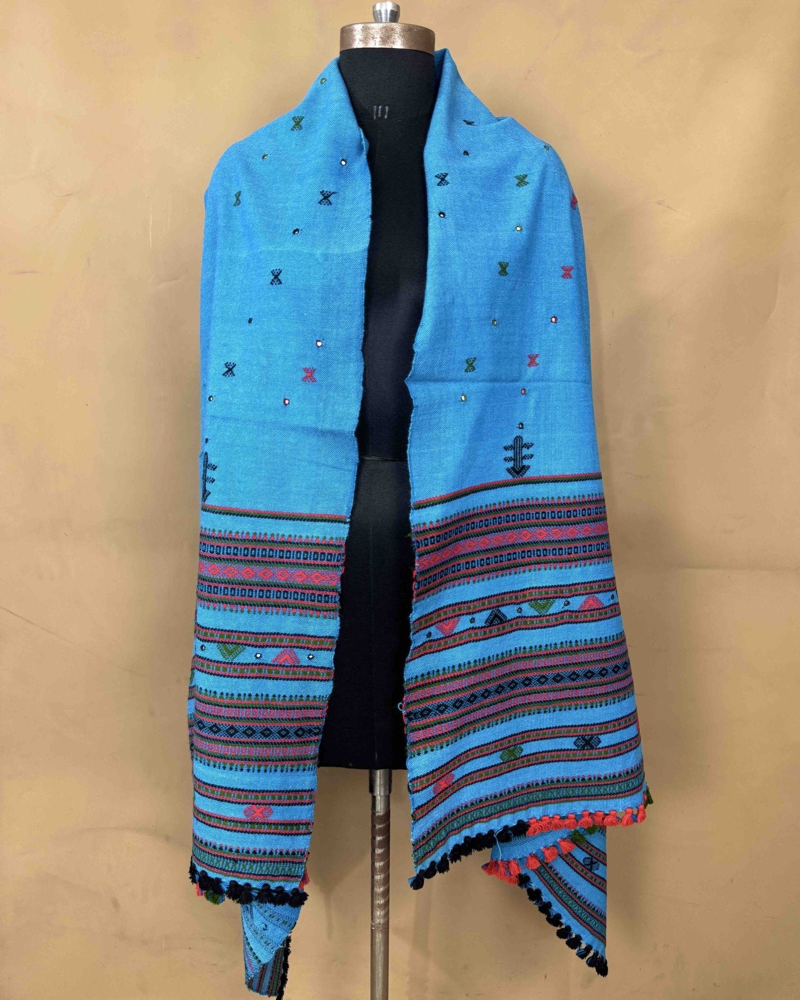 Sky Blue Zad Butti Mirror Kutchi Woolen Shawl - SindhoiPatolaArt