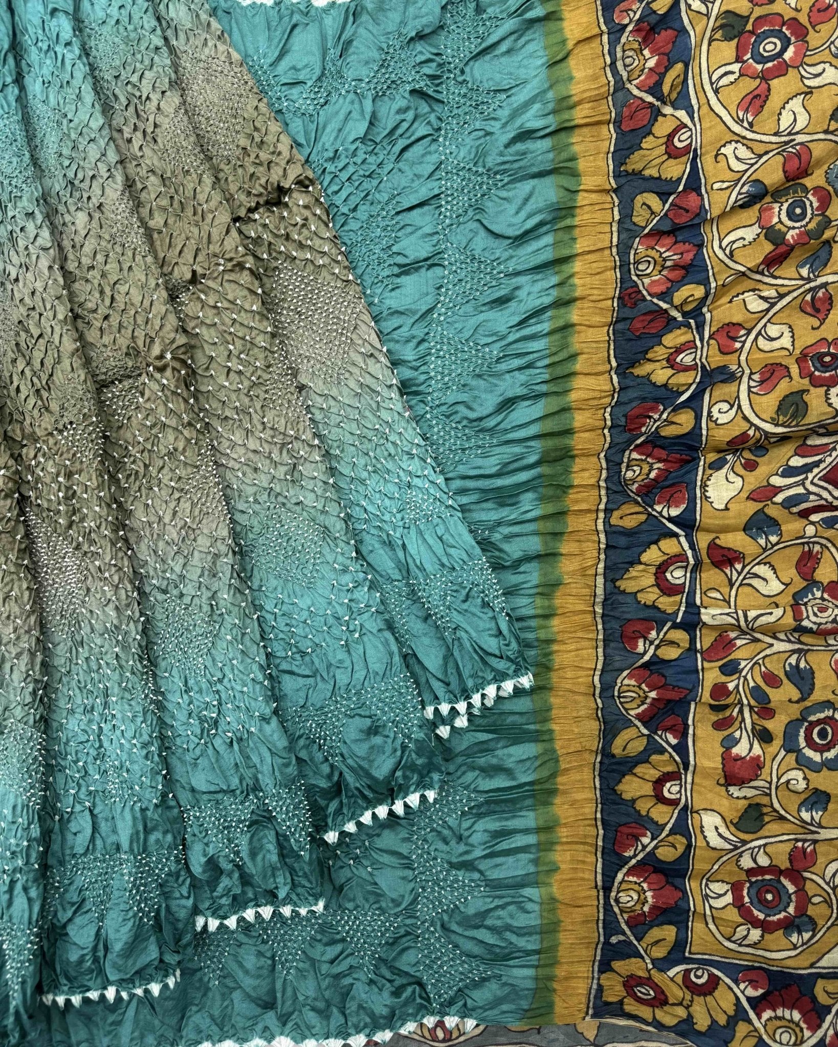 Sky & Yellowish Grey Shaded Muga Silk Pen Kamalkari Bandhani Saree - SindhoiPatolaArt