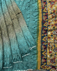 Sky & Yellowish Grey Shaded Muga Silk Pen Kamalkari Bandhani Saree - SindhoiPatolaArt