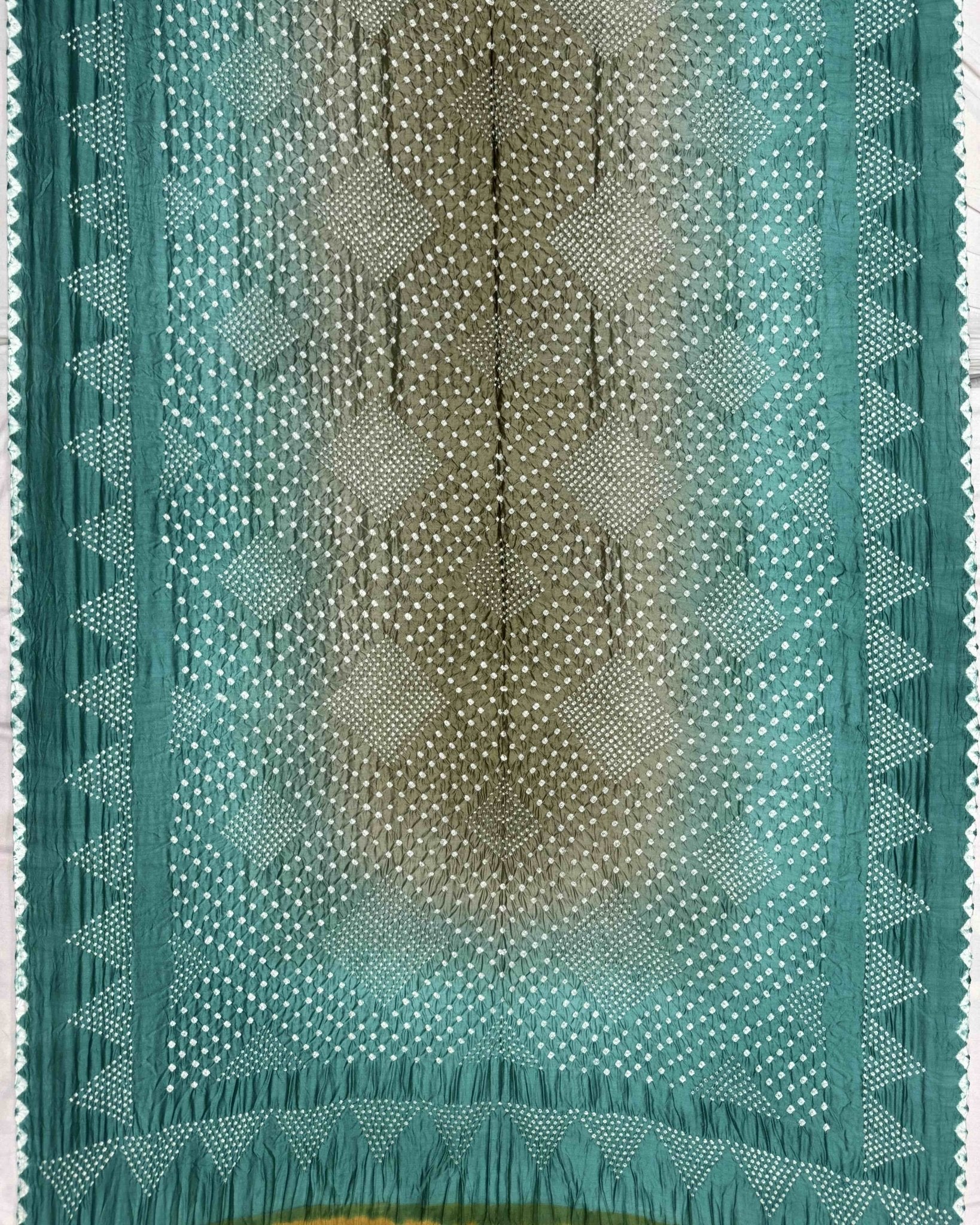 Sky & Yellowish Grey Shaded Muga Silk Pen Kamalkari Bandhani Saree - SindhoiPatolaArt