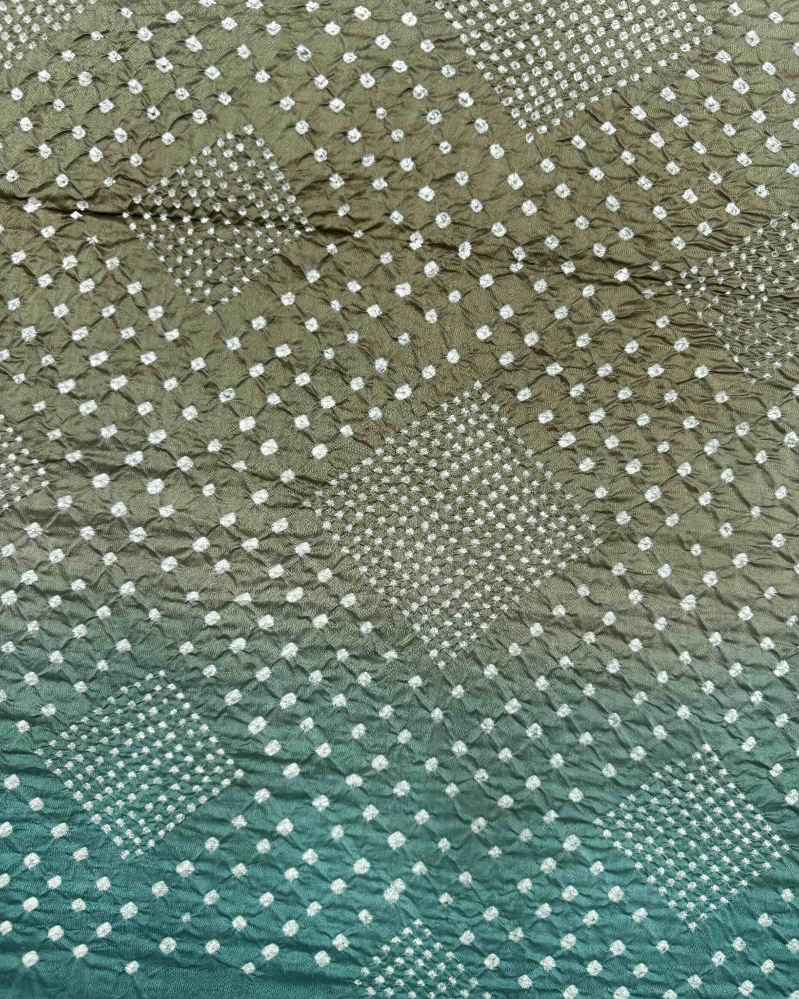 Sky & Yellowish Grey Shaded Muga Silk Pen Kamalkari Bandhani Saree - SindhoiPatolaArt