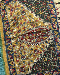 Sky & Yellowish Grey Shaded Muga Silk Pen Kamalkari Bandhani Saree - SindhoiPatolaArt