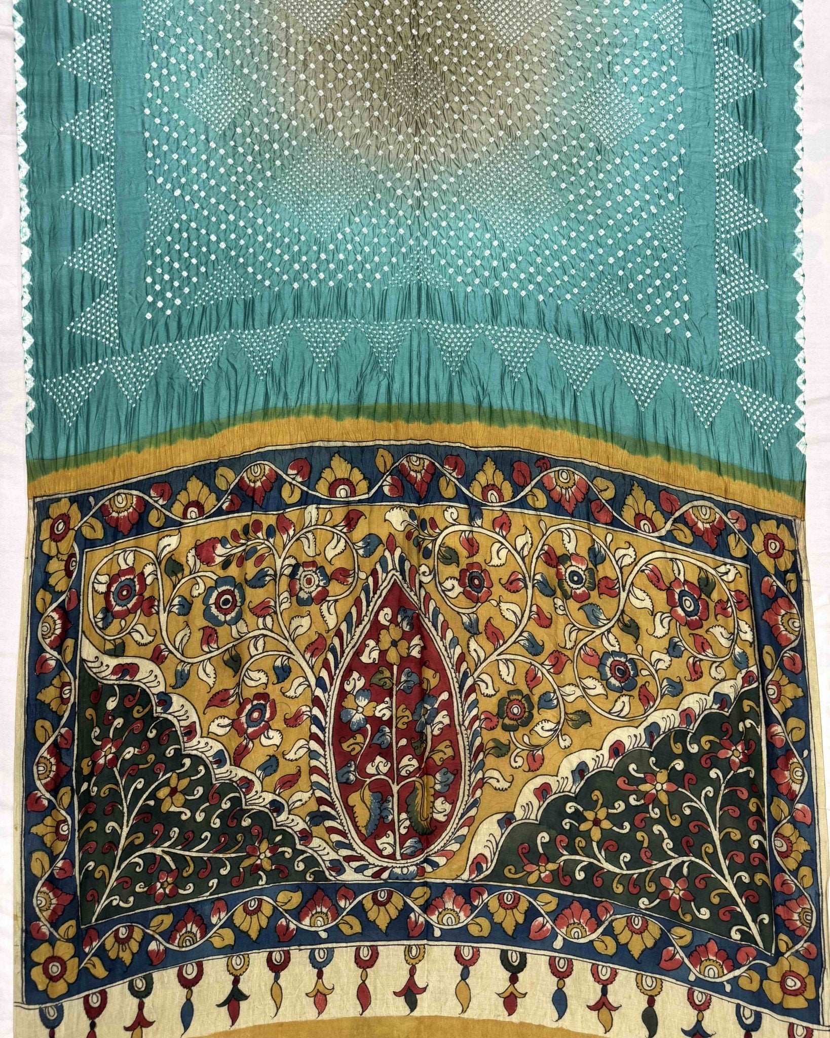 Sky & Yellowish Grey Shaded Muga Silk Pen Kamalkari Bandhani Saree - SindhoiPatolaArt