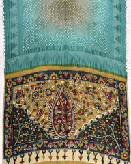 Sky & Yellowish Grey Shaded Muga Silk Pen Kamalkari Bandhani Saree - SindhoiPatolaArt