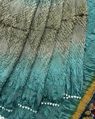 Sky & Yellowish Grey Shaded Muga Silk Pen Kamalkari Bandhani Saree - SindhoiPatolaArt