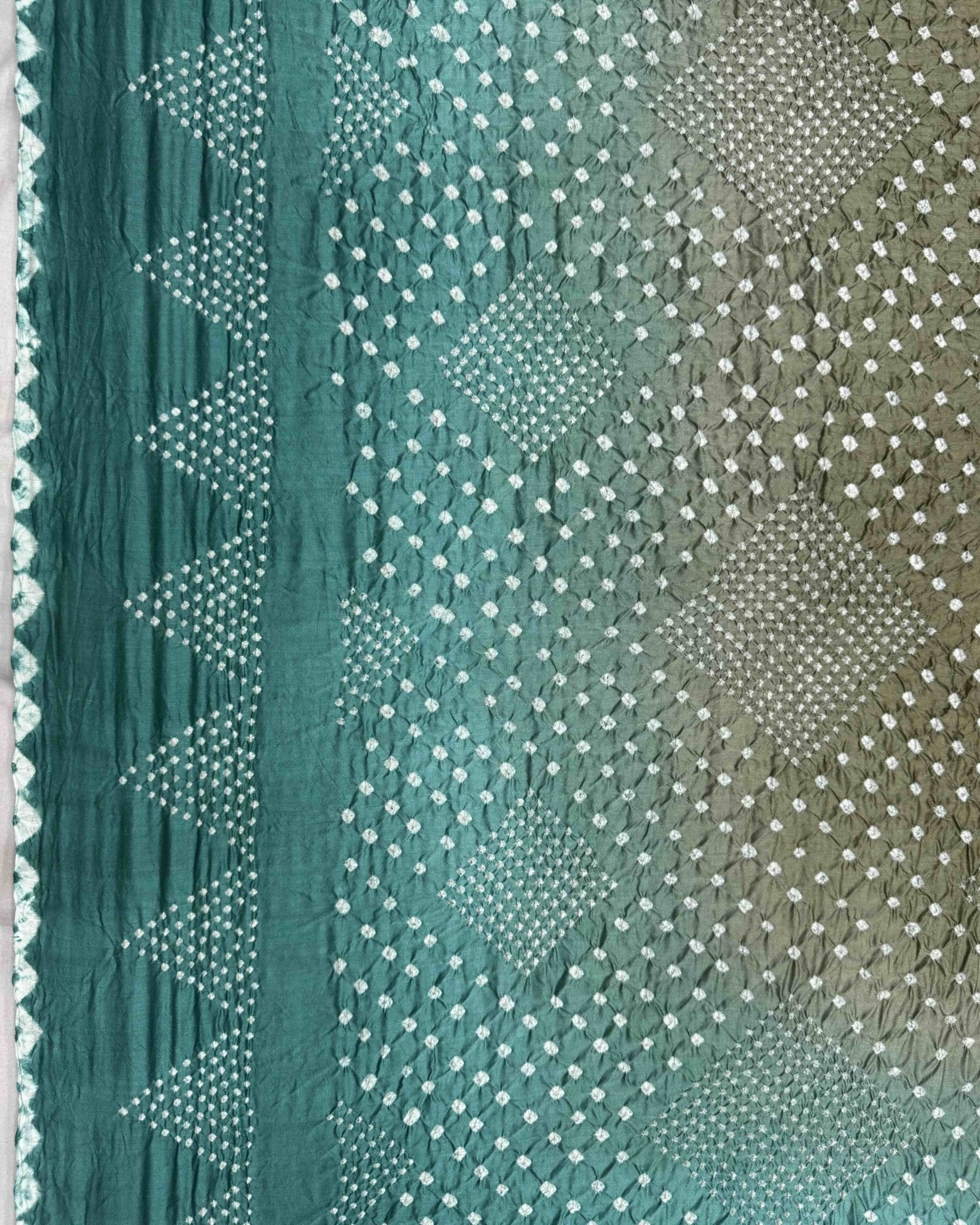 Sky & Yellowish Grey Shaded Muga Silk Pen Kamalkari Bandhani Saree - SindhoiPatolaArt