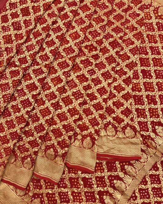 Tomato Red Georgette Bandhani Saree - SindhoiPatolaArt