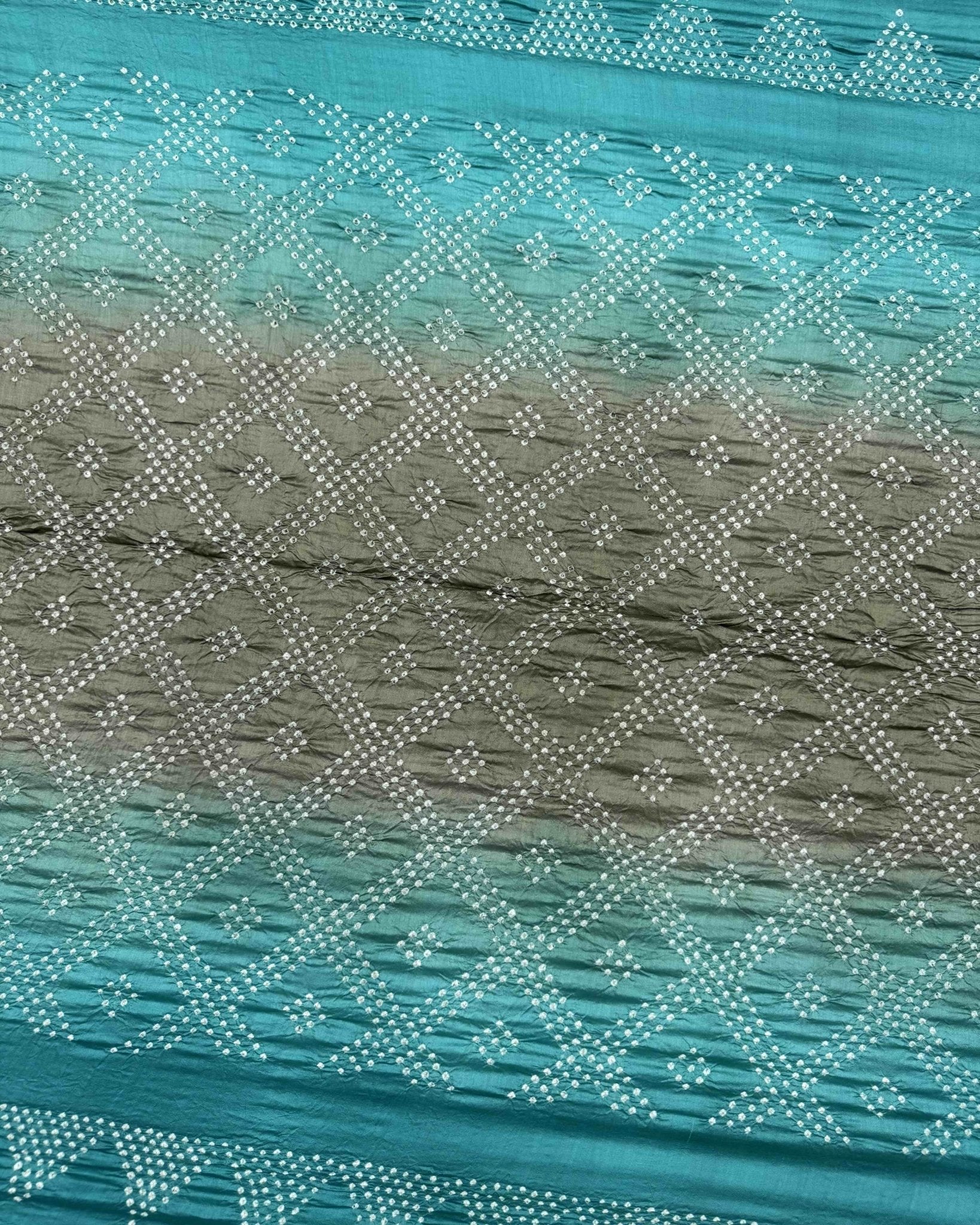 Turquoise & Brown Shaded Chiniya Bandhani Saree - SindhoiPatolaArt