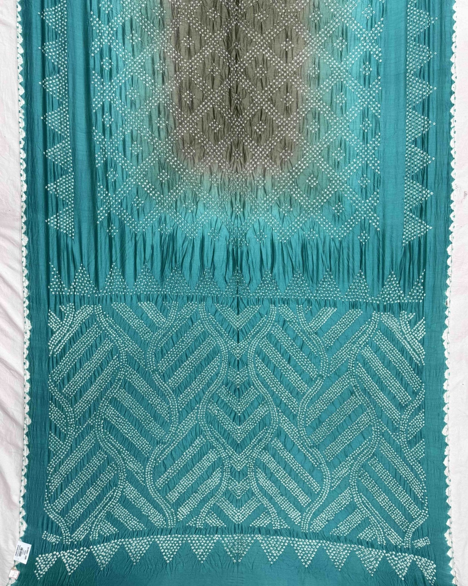 Turquoise & Brown Shaded Chiniya Bandhani Saree - SindhoiPatolaArt