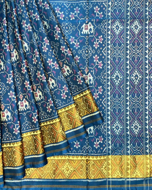 Turquoise Navratan Elephant Patola Saree - SindhoiPatolaArt