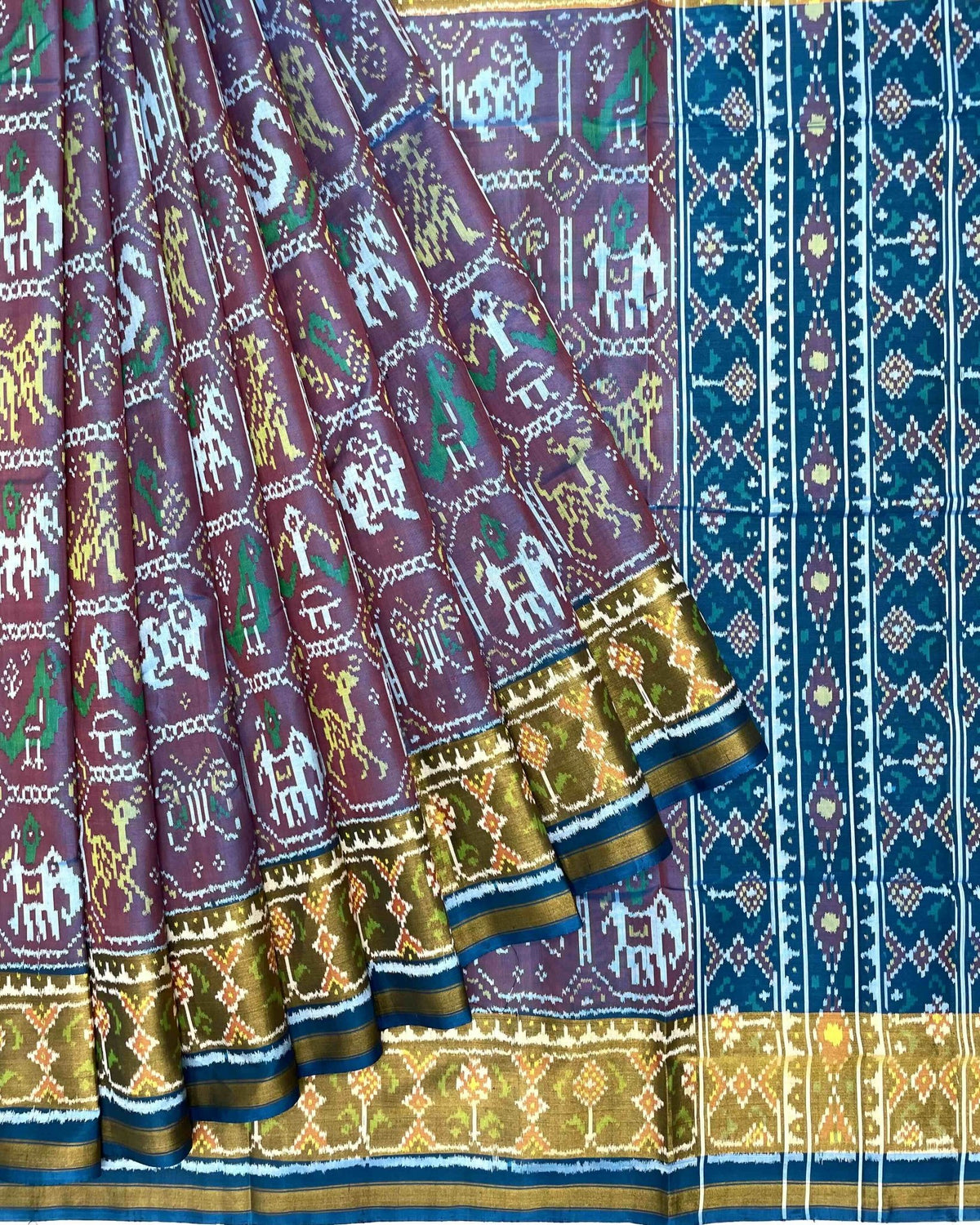 Turquoise & Onion Narikunj Patola Saree - SindhoiPatolaArt