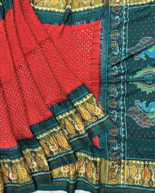 Turquoise & Red Bandhani Patola Saree - SindhoiPatolaArt