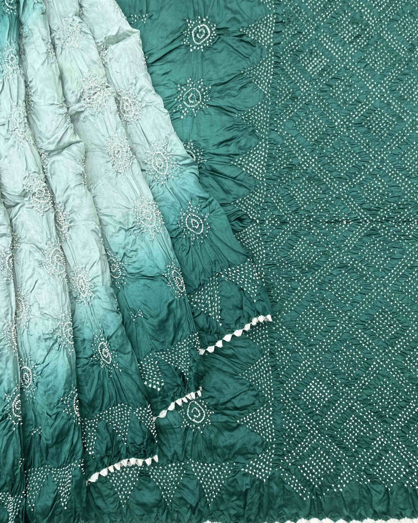 Turquoise Shaded Chiniya Bandhani Saree - SindhoiPatolaArt