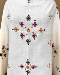 White Chomukh Mirror Kutchi Woolen Shawl - SindhoiPatolaArt