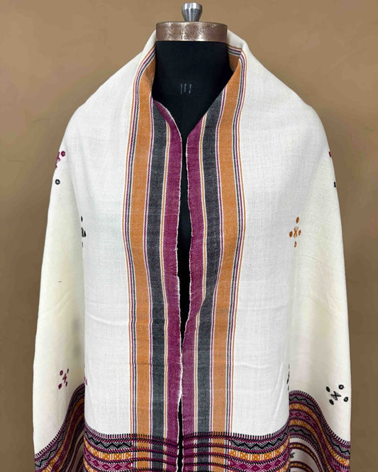 White Chomukh Mirror Kutchi Woolen Shawl - SindhoiPatolaArt