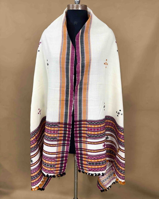 White Chomukh Mirror Kutchi Woolen Shawl - SindhoiPatolaArt