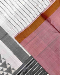 White & Grey Fancy Design with Scut Border Patola Saree - SindhoiPatolaArt