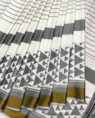 White & Grey Fancy Design with Scut Border Patola Saree - SindhoiPatolaArt