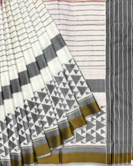 White & Grey Fancy Design with Scut Border Patola Saree - SindhoiPatolaArt