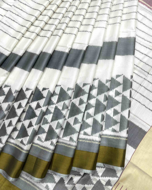 White & Grey Fancy Design with Scut Border Patola Saree - SindhoiPatolaArt