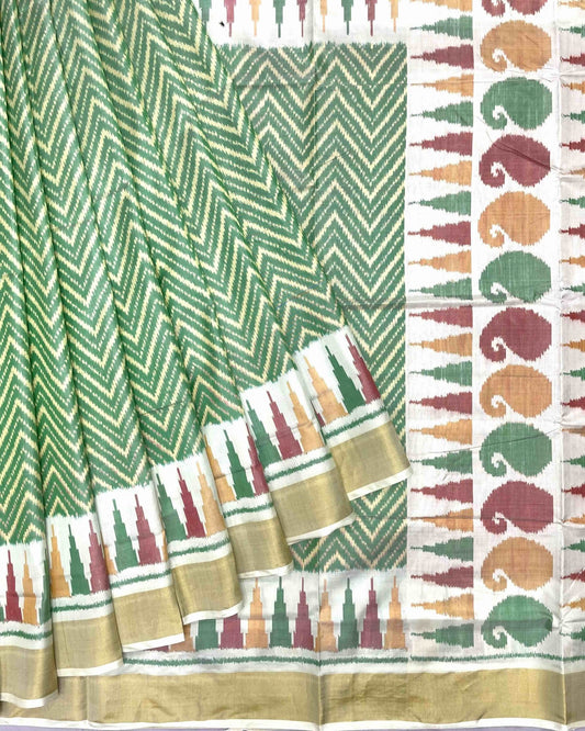White & Light Green Zig Zag Lining Patola Saree - SindhoiPatolaArt