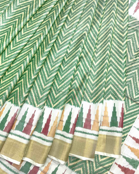 White & Light Green Zig Zag Lining Patola Saree - SindhoiPatolaArt
