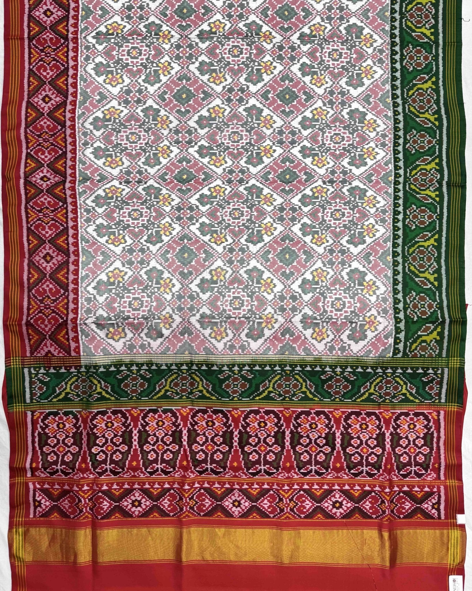 White Manekchowk Navratan Ganga Jamuna Semi Double Ikat Patola Saree - SindhoiPatolaArt
