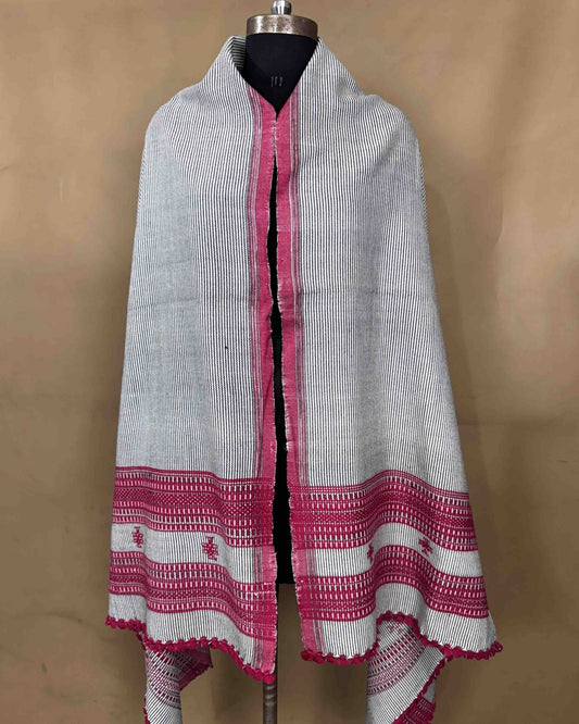 White & Pink with Black Lining & Heavy Pallu Kutchi Woolen Shawl - SindhoiPatolaArt