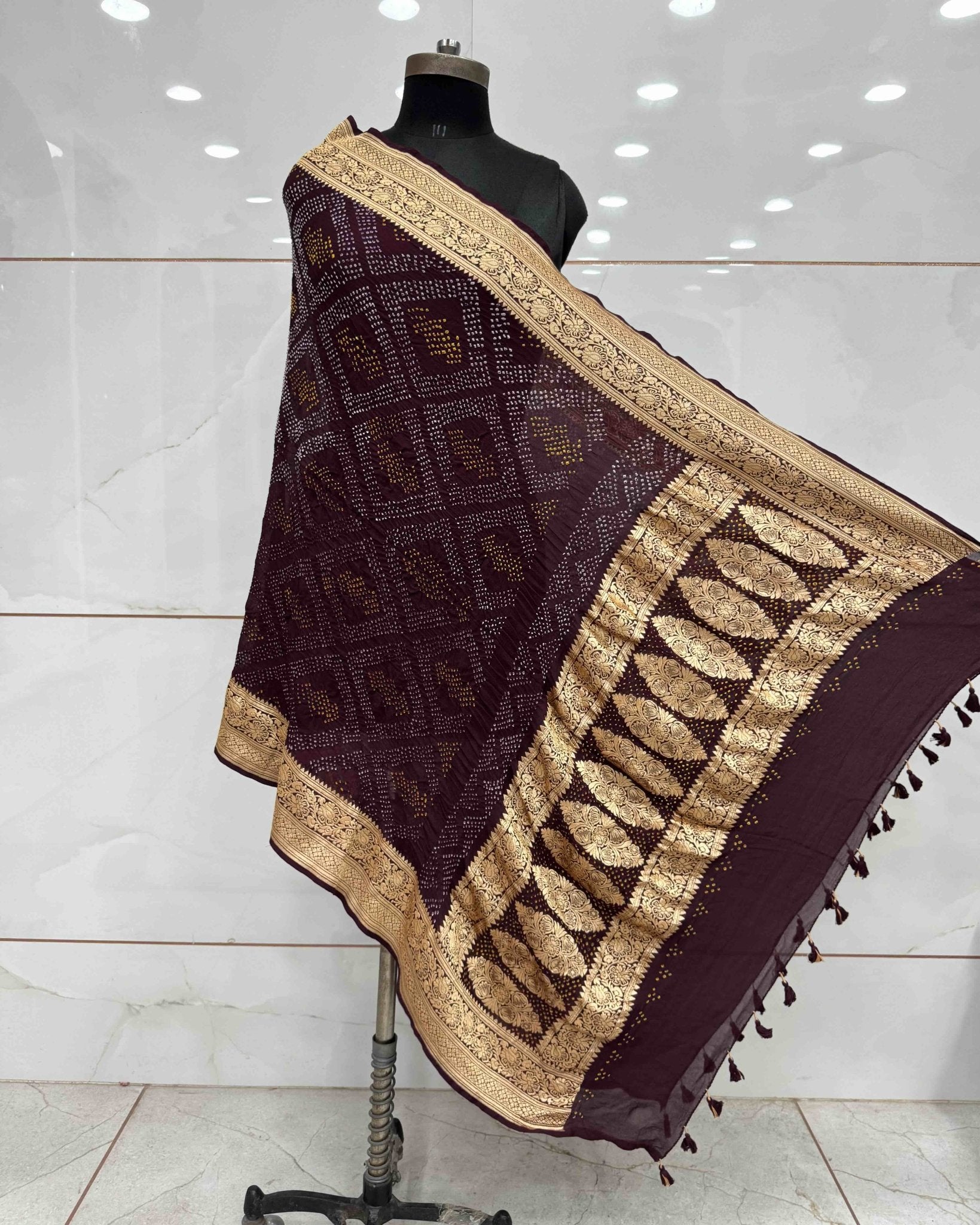 Wine Georgette Bandhani Dupatta - SindhoiPatolaArt