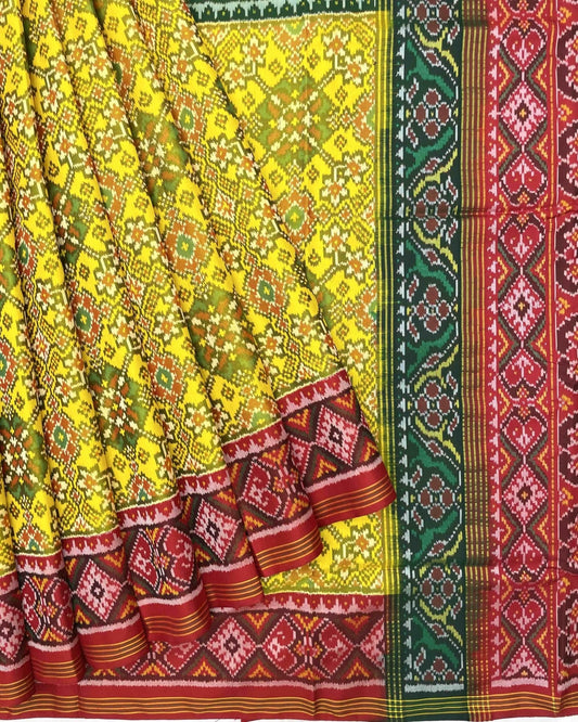 Yellow Ganga Jamuna Navratan Patola Saree - SindhoiPatolaArt