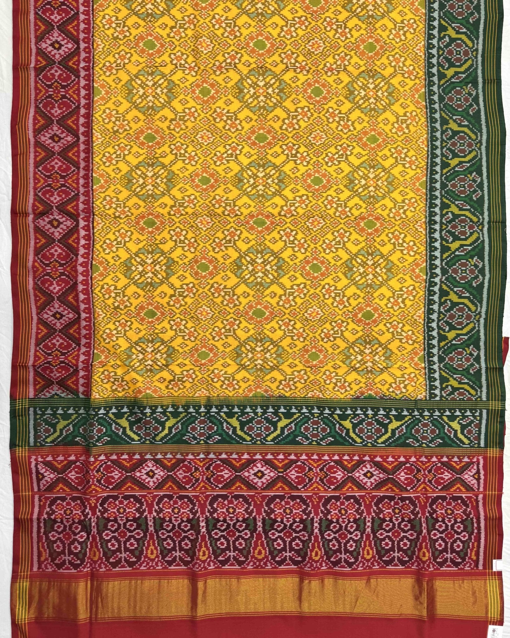 Yellow Ganga Jamuna Navratan Semi Double Ikat Patola Saree - SindhoiPatolaArt