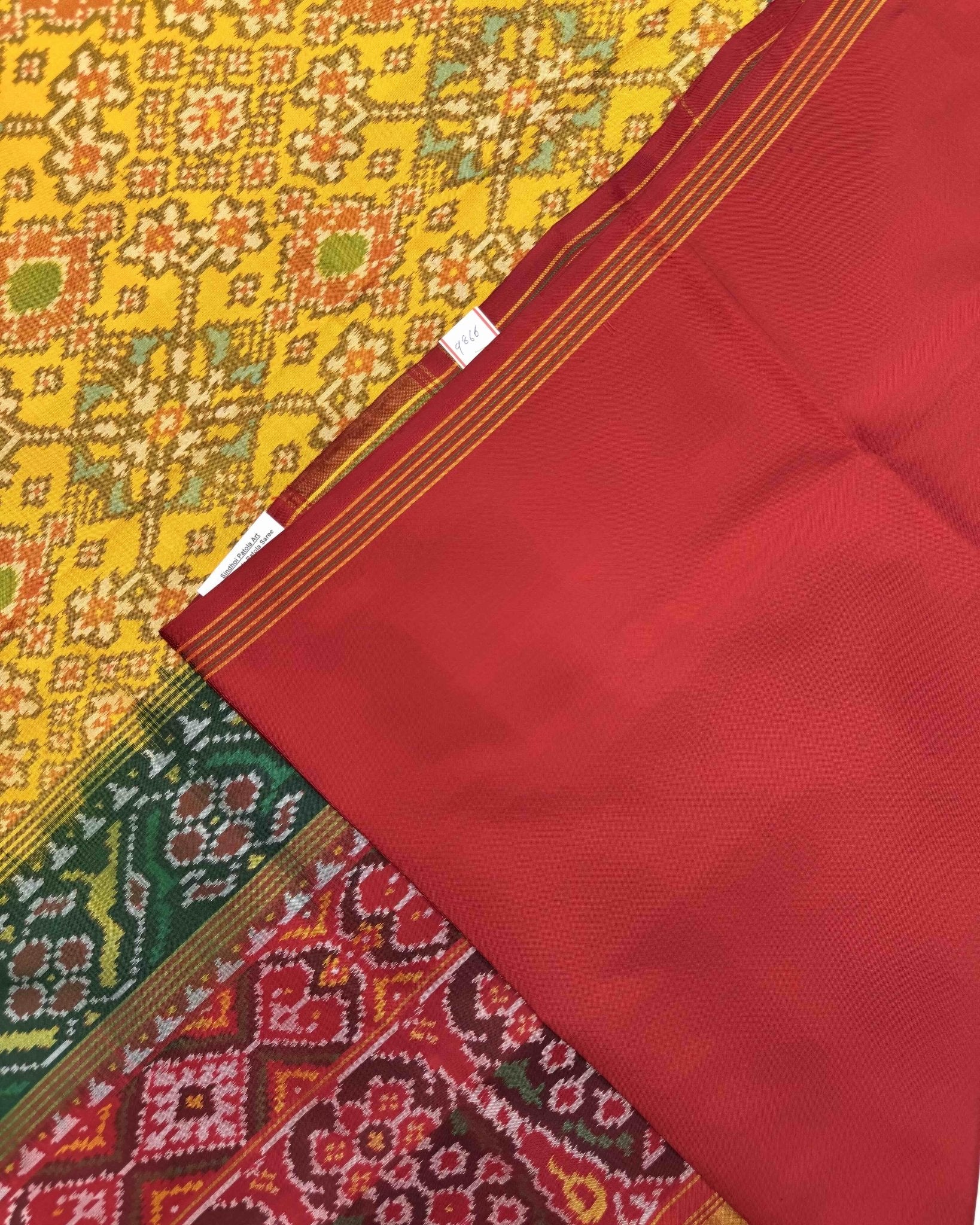 Yellow Ganga Jamuna Navratan Semi Double Ikat Patola Saree - SindhoiPatolaArt