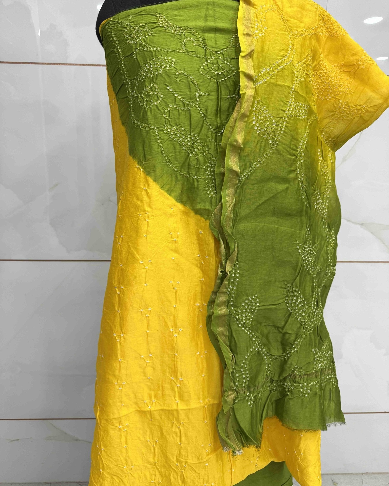 Yellow & Green Shaded Chanderi Silk Bandhani Dress Material - SindhoiPatolaArt