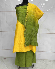 Yellow & Green Shaded Chanderi Silk Bandhani Dress Material - SindhoiPatolaArt