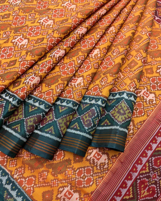 Yellow Narikunj Ganga Jamuna with Turquoise & Red Combination Designer - SindhoiPatolaArt