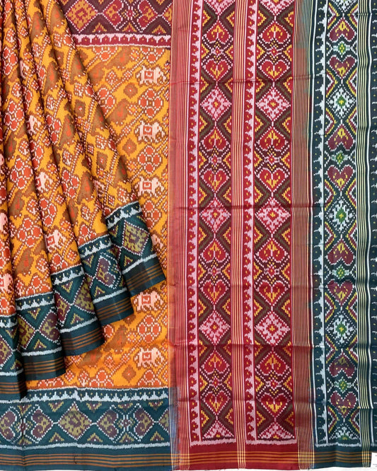 Yellow Narikunj Ganga Jamuna with Turquoise & Red Combination Designer - SindhoiPatolaArt